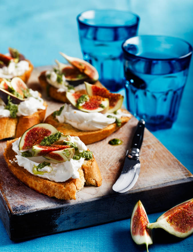 French goats' cheese fig and pesto crostini Sainsbury's Magazine